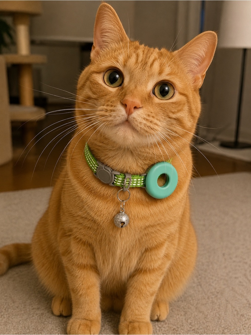 Green Reflective Dog Collar with Blue air tag Holder